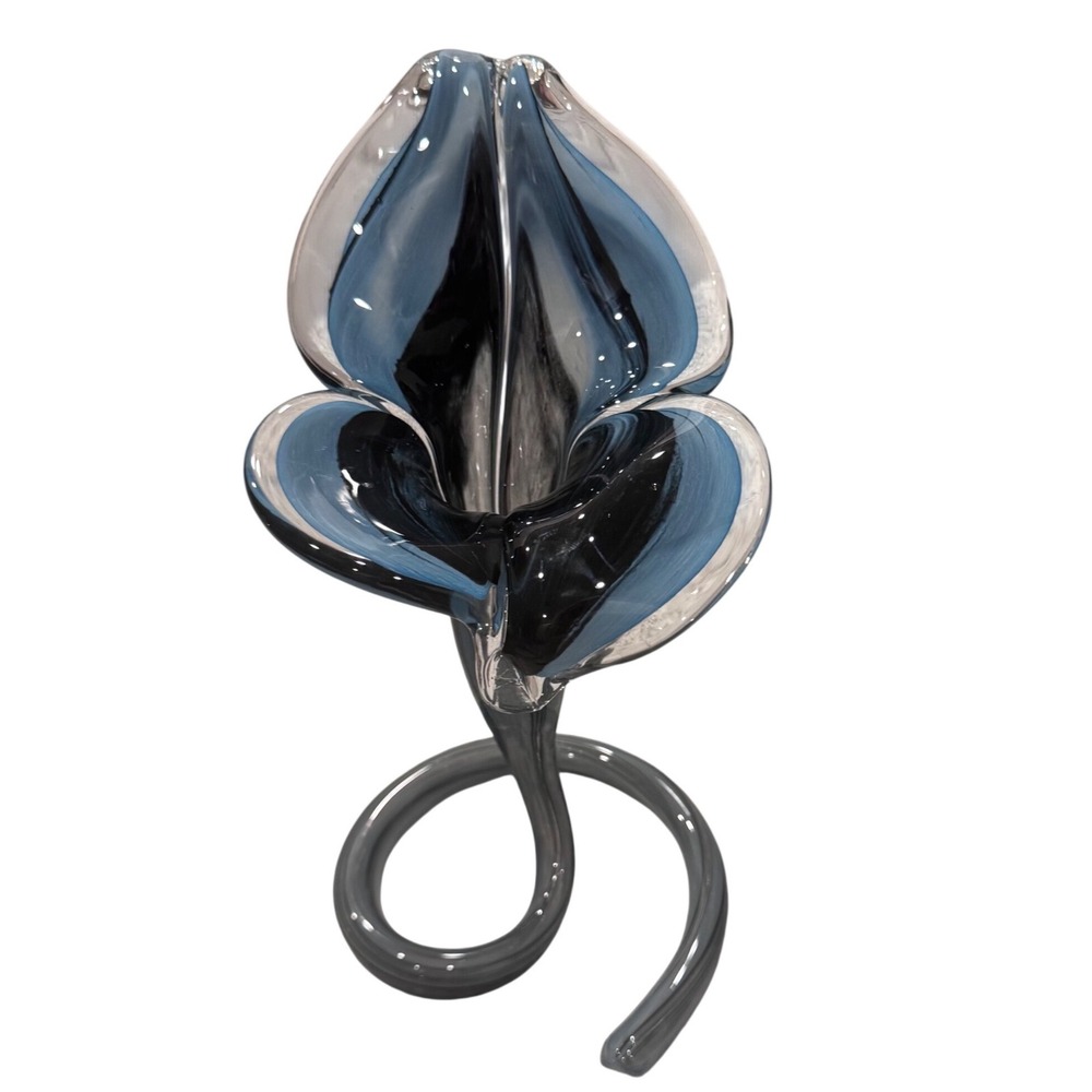 Murano Art Glass Flower Sculpture Blue Swirl Design Twisted Stem Vintage 9.75"